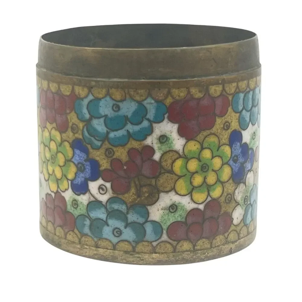 Pair of Antique Cloissone Enamel on Brass Floral Jars No Lids 19th Century